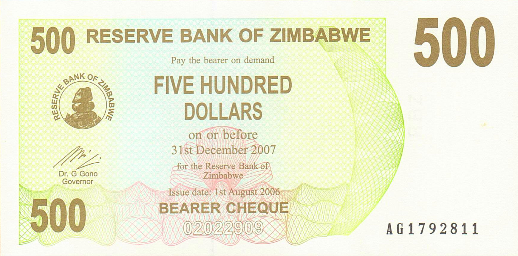 Zimbabwe 500 2006 UNC P-43